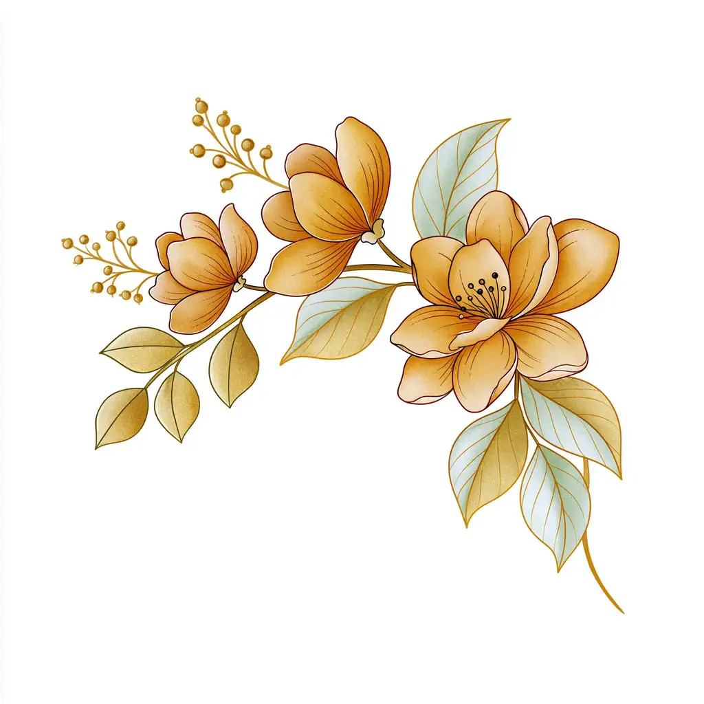 Floral compositions with gold flowers and leaves