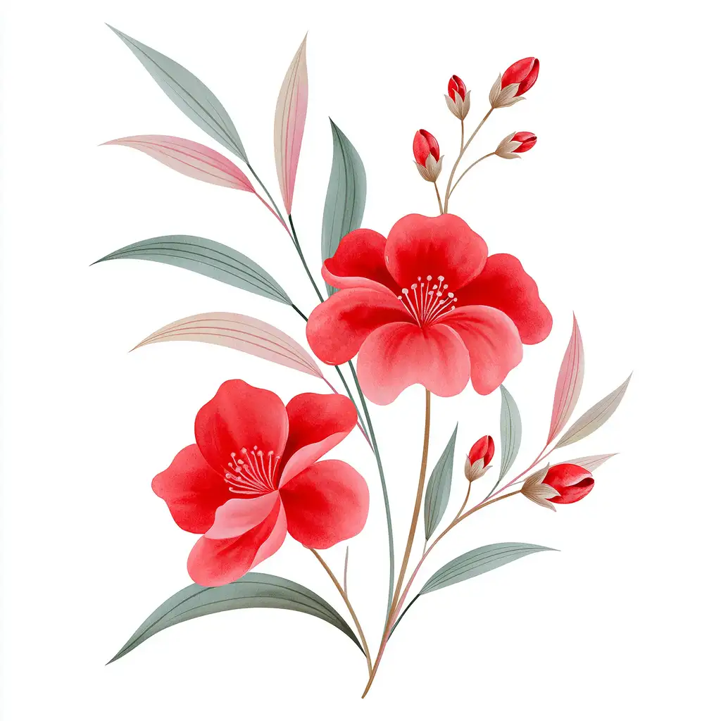 Watercolor Red Flowers and Green Leaves Illustration