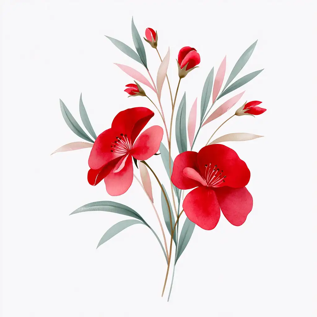 Watercolor Red Flowers and Green Leaves Illustration