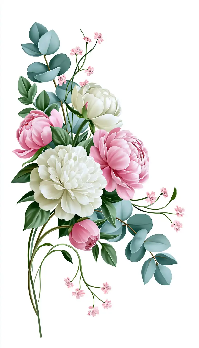 Floral Arrangement with Pink and White Peonies on White Background