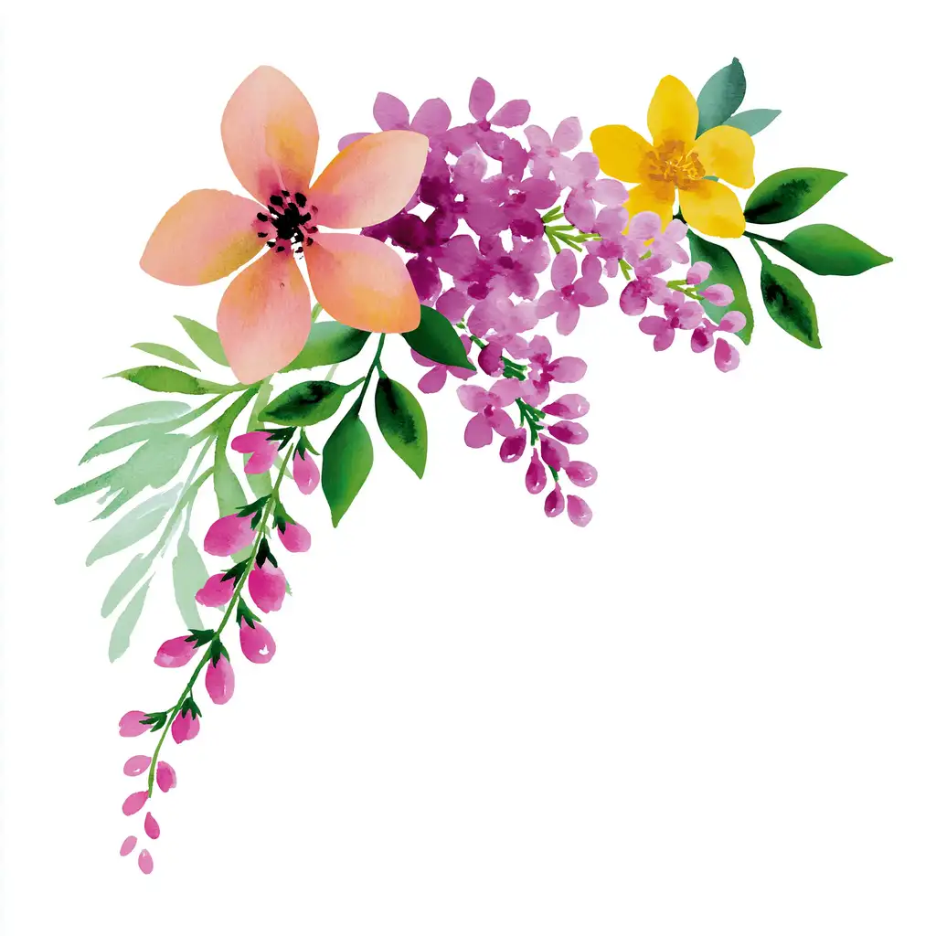 Watercolor floral arrangement corner with peach and yellow flowers and purple blossoms