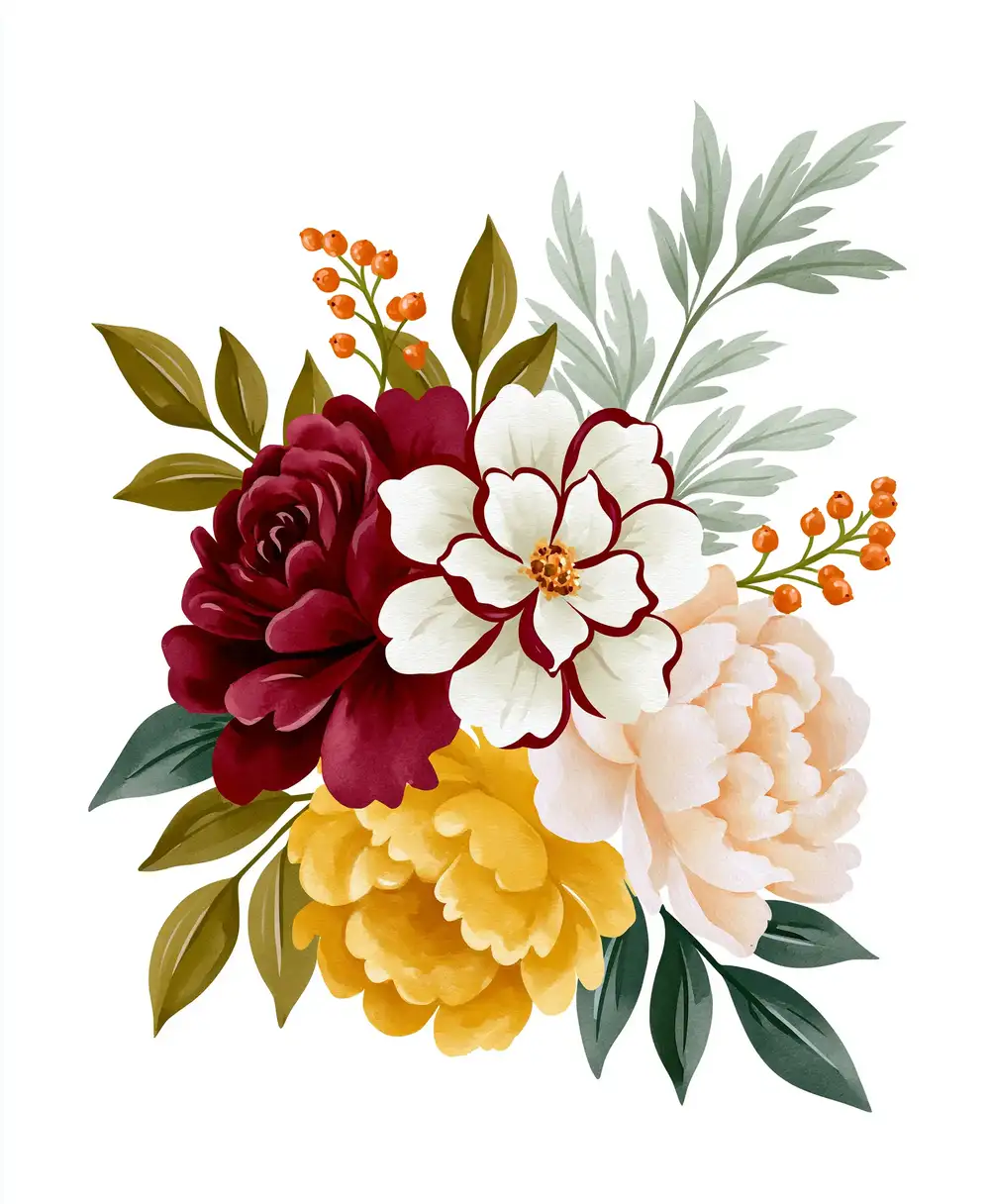 Watercolor Autumn Floral Arrangement with Burgundy and Yellow Flowers
