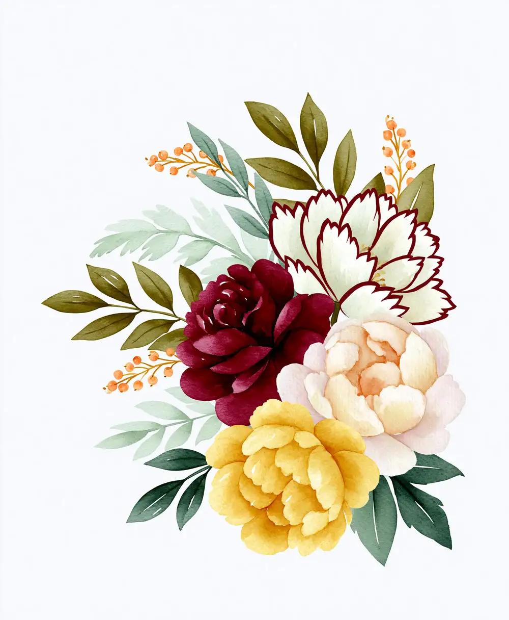 Watercolor Autumn Floral Arrangement with Burgundy and Yellow Flowers