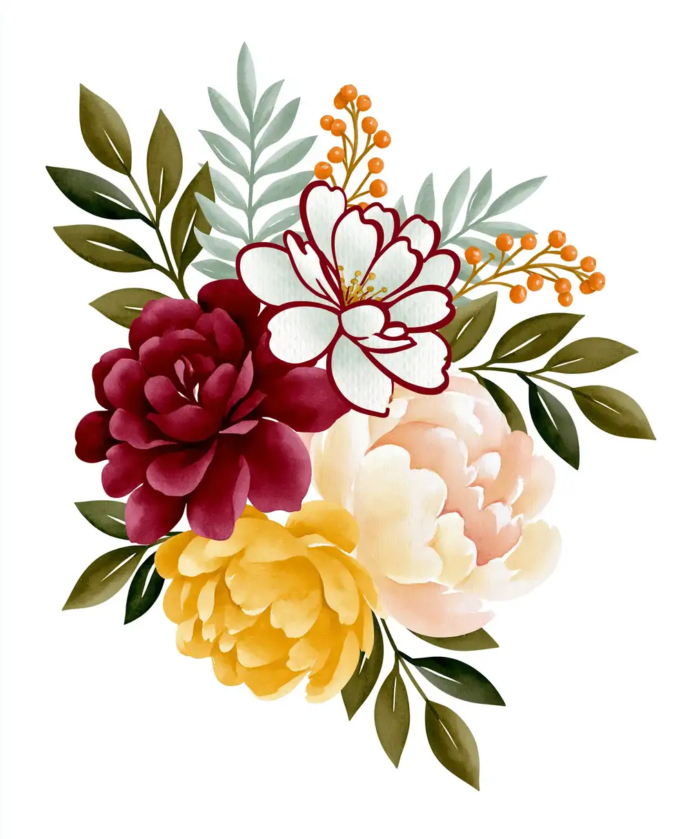 Watercolor Autumn Floral Arrangement with Burgundy and Yellow Flowers