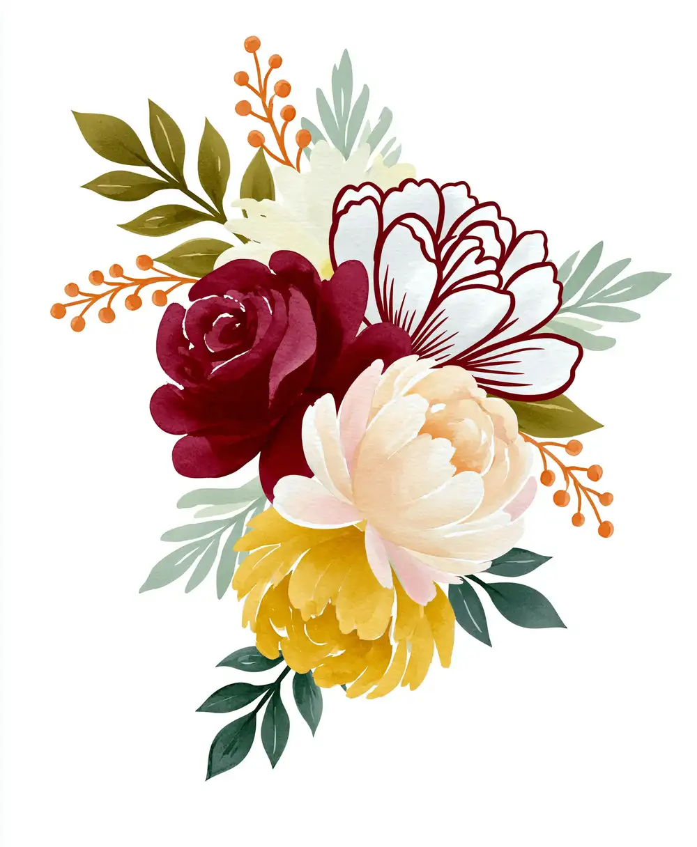 Watercolor Autumn Floral Arrangement with Burgundy and Yellow Flowers