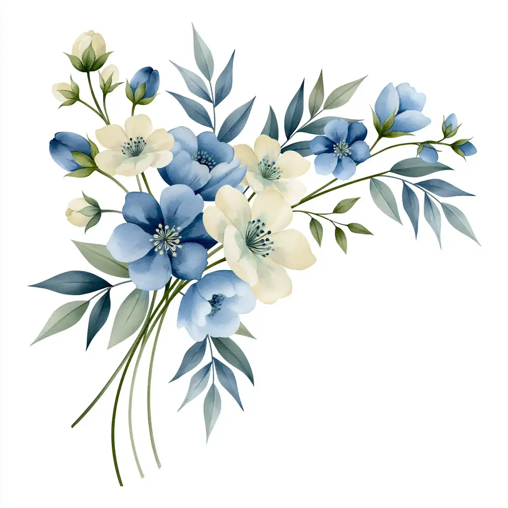 Watercolor floral arrangement with blue and white flowers and leaves on white background