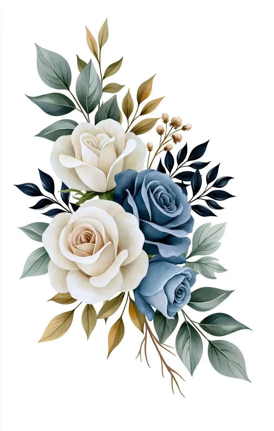 Watercolor Floral Arrangements with Blue and White Roses and Green Foliage