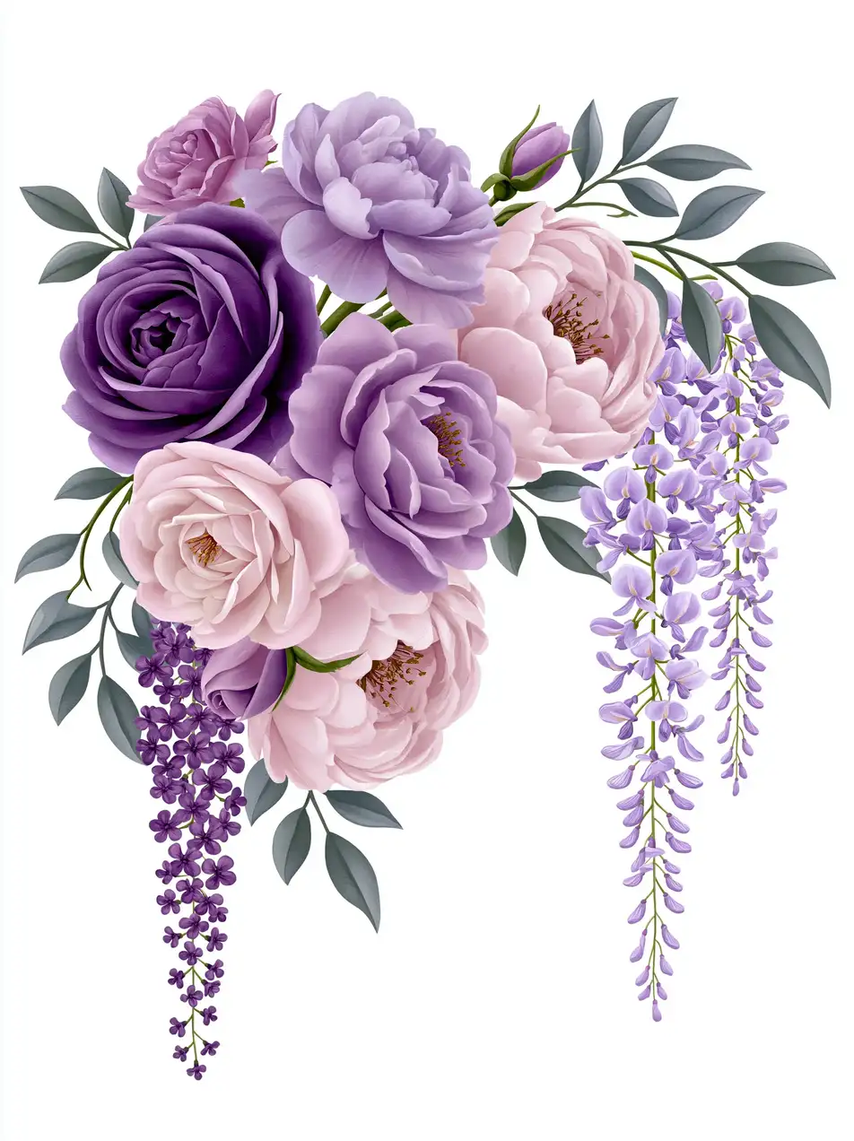 Floral arrangement with purple and pink flowers on white background