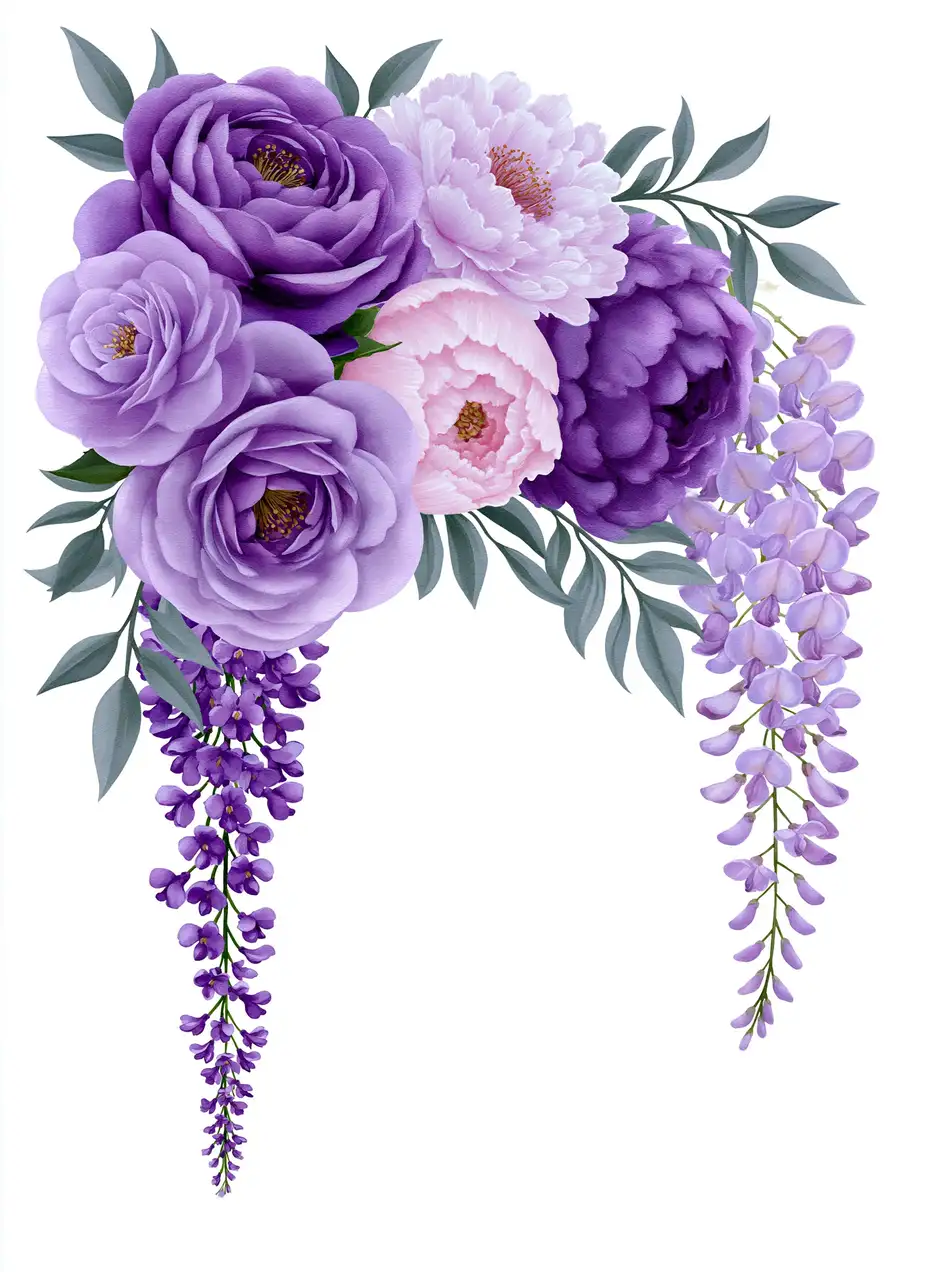 Floral arrangement with purple and pink flowers on white background