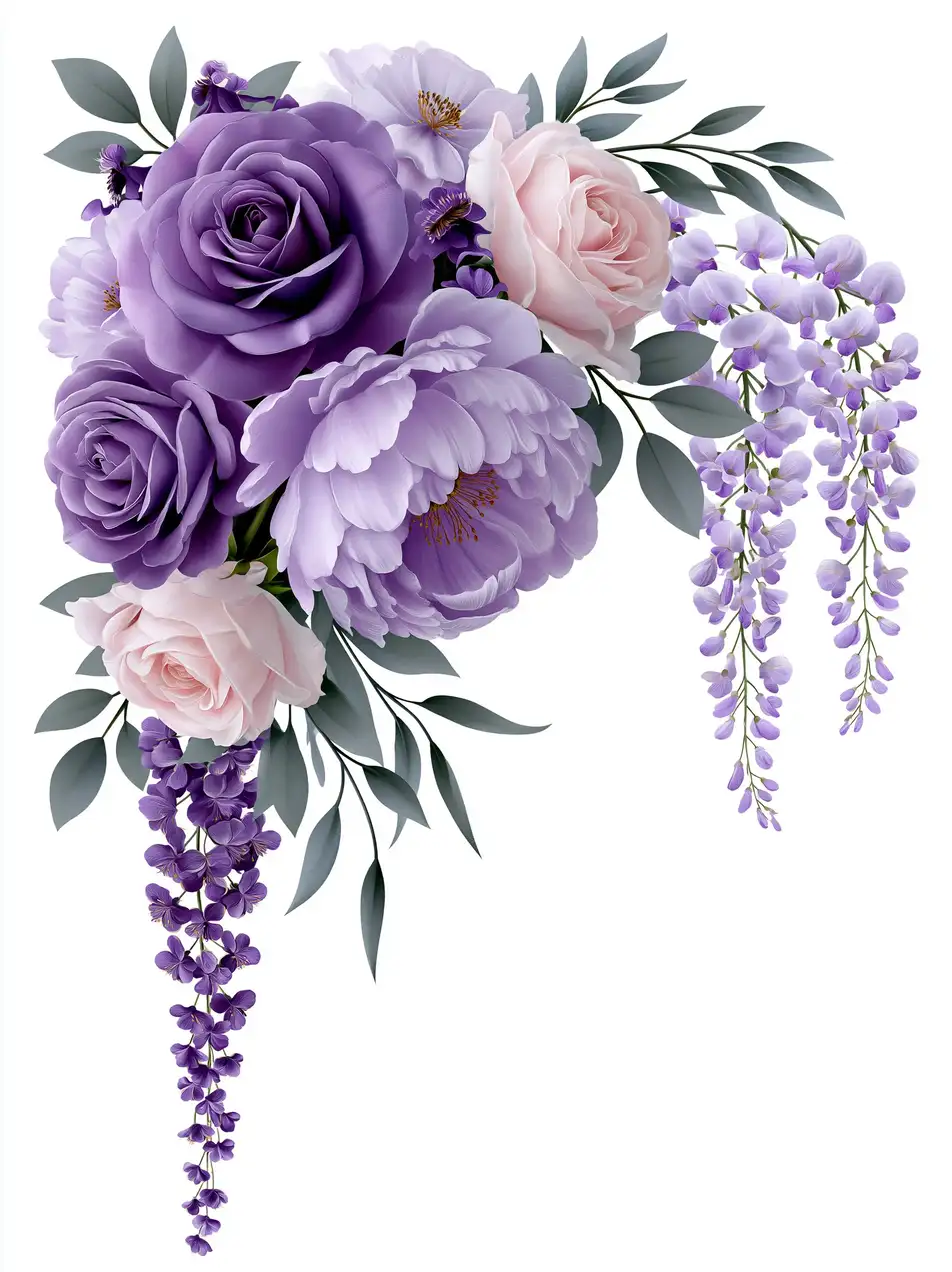 Floral arrangement with purple and pink flowers on white background