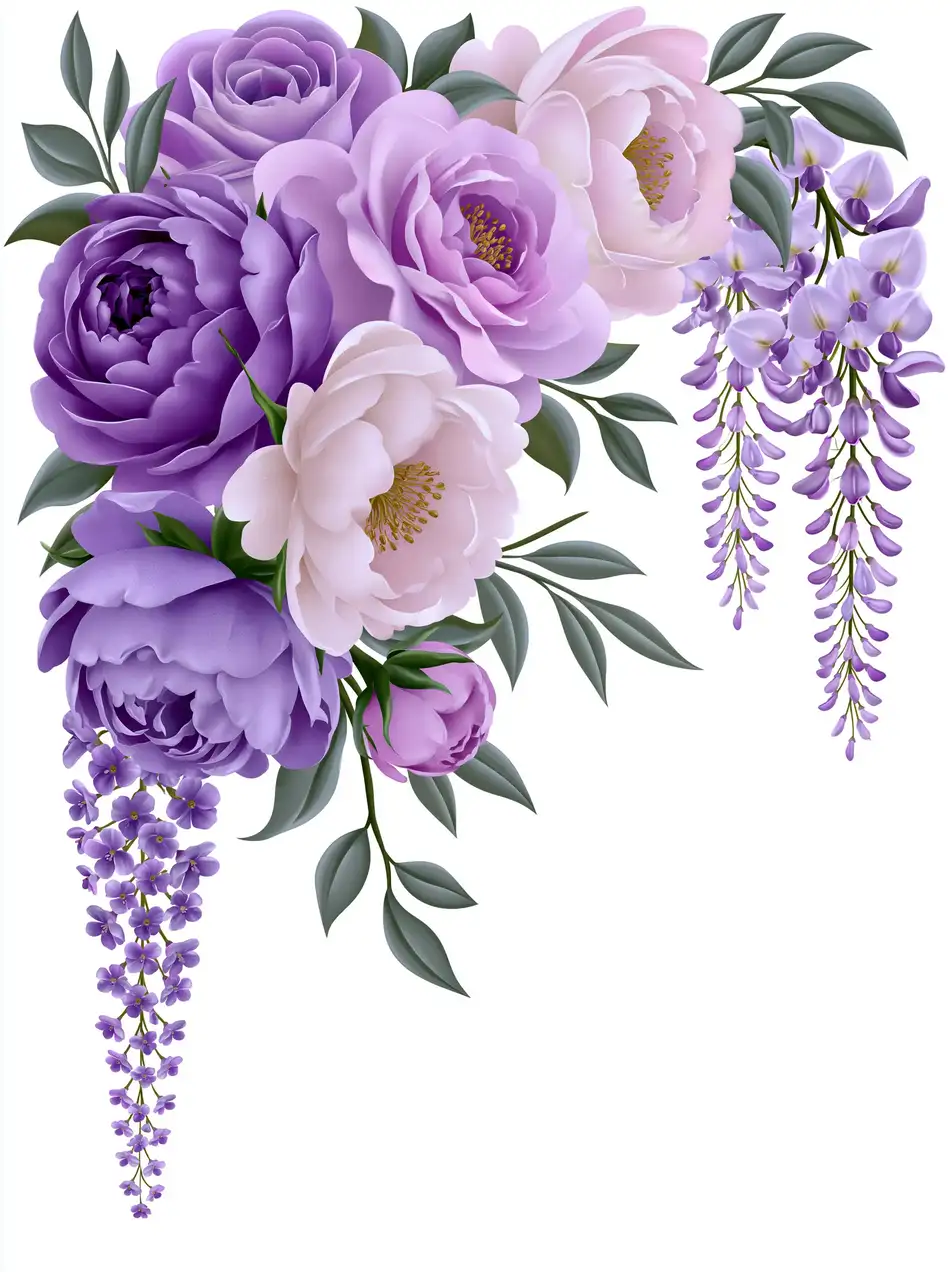 Floral arrangement with purple and pink flowers on white background