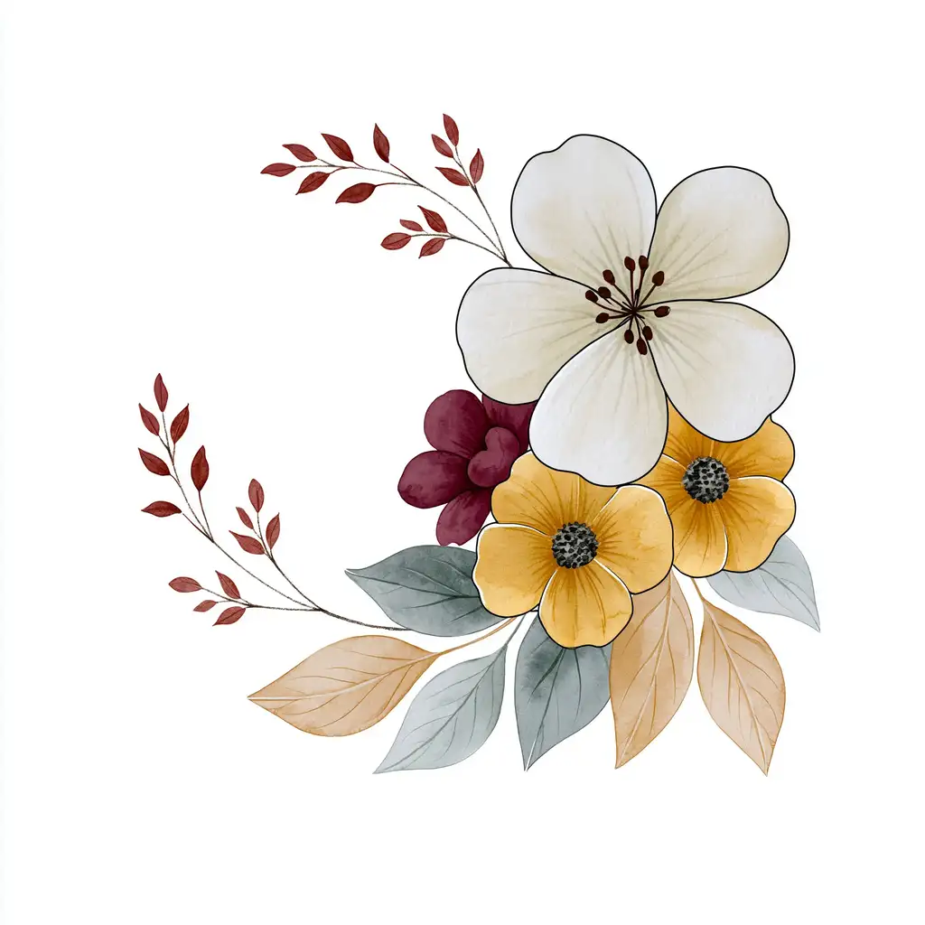 Watercolor floral arrangement with white and yellow flowers and reddish brown leaves