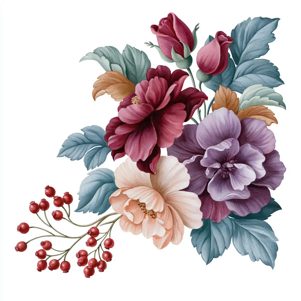Floral arrangement with diverse flowers and berries