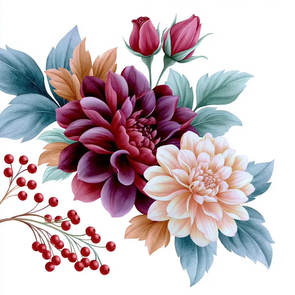 Floral arrangement with diverse flowers and berries