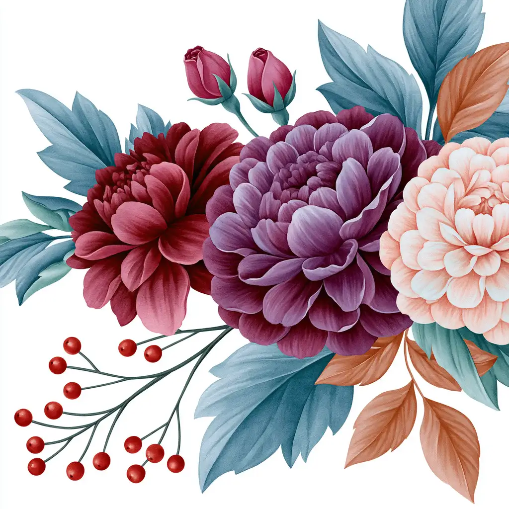 Floral arrangement with diverse flowers and berries