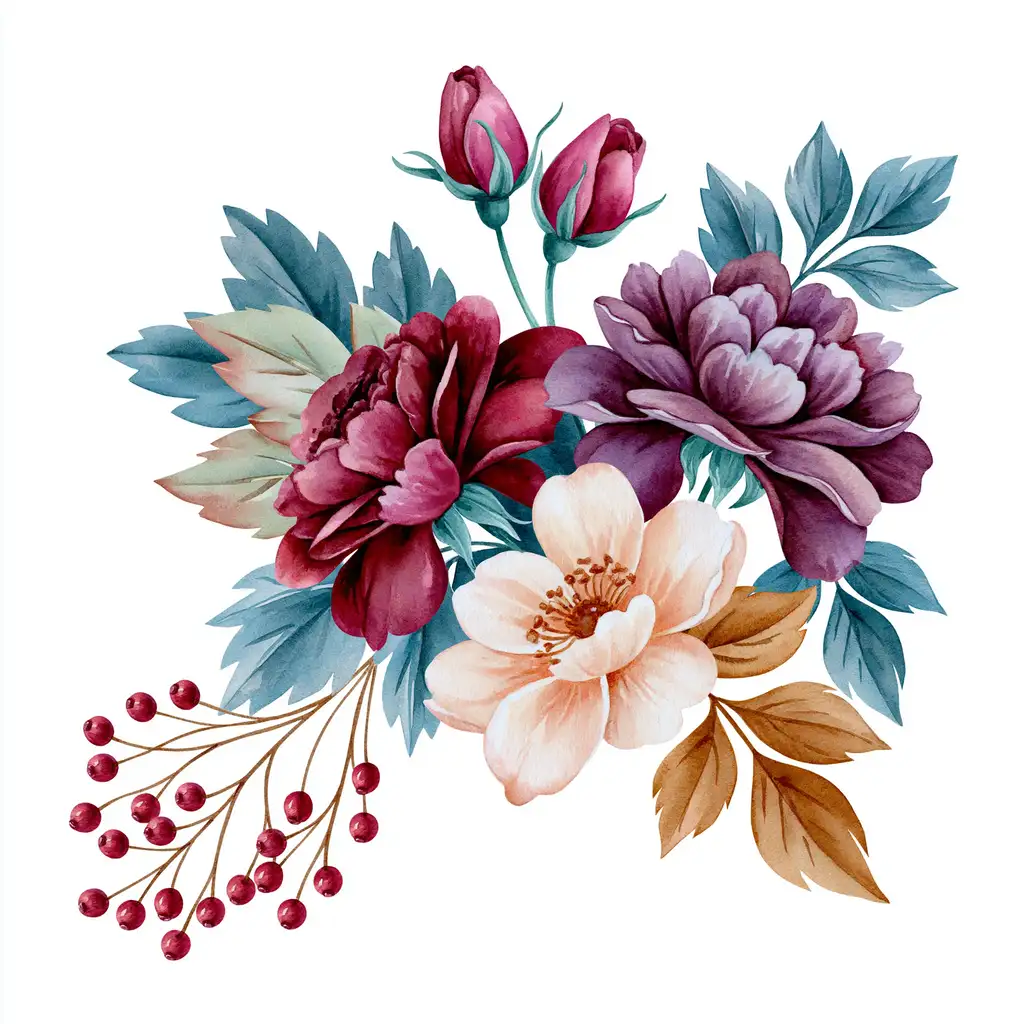 Floral arrangement with diverse flowers and berries