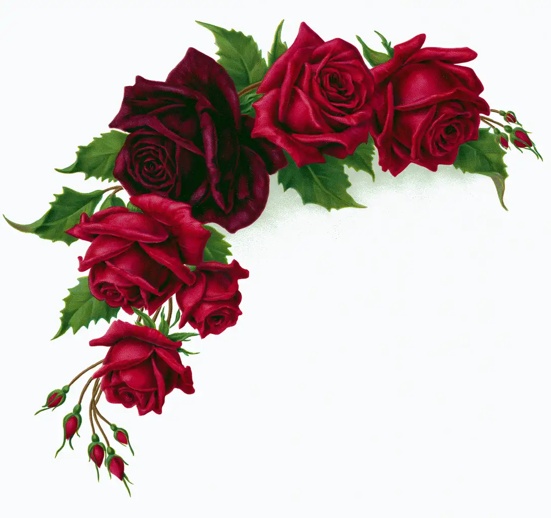 Vintage red roses corner arrangement with green leaves