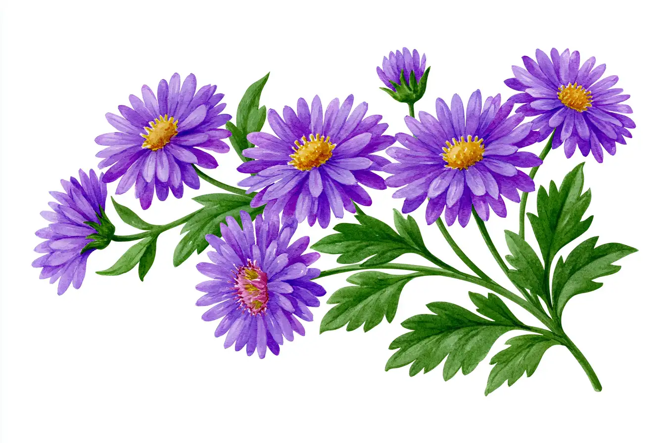 Watercolor purple flowers arrangement with green leaves