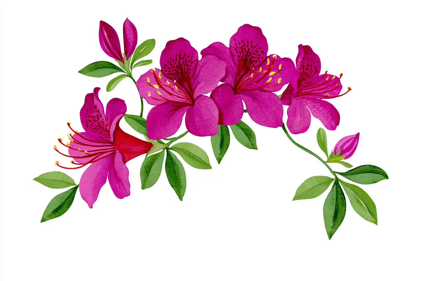 Watercolor Pink Azalea Flowers Branch Isolated on White