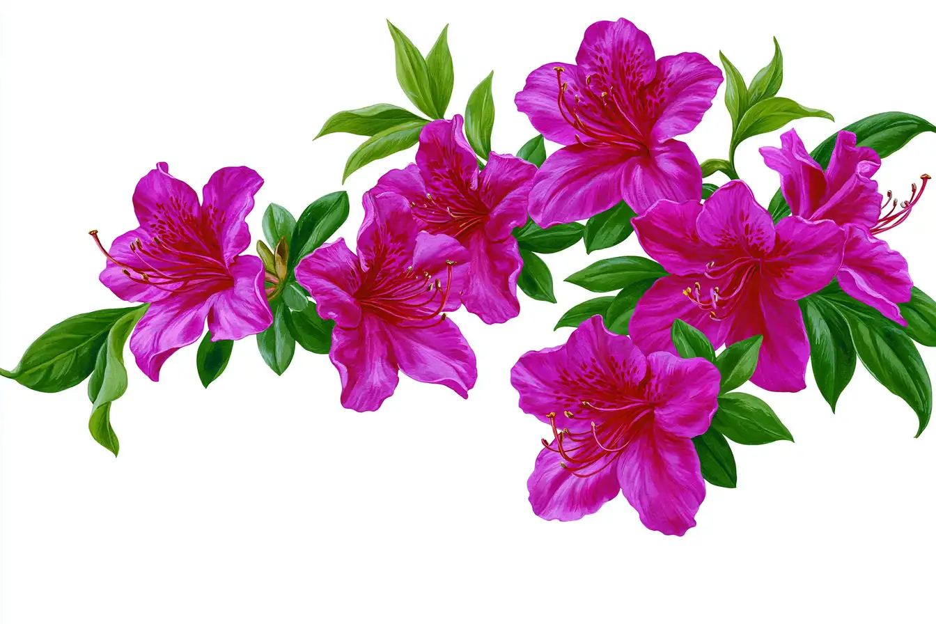 Watercolor Pink Azalea Flowers Branch Isolated on White