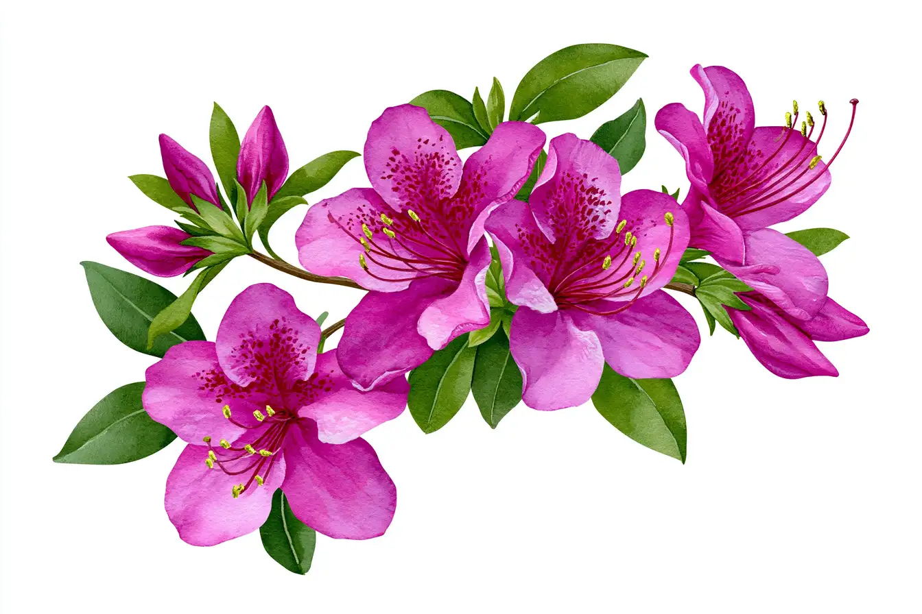 Watercolor Pink Azalea Flowers Branch Isolated on White