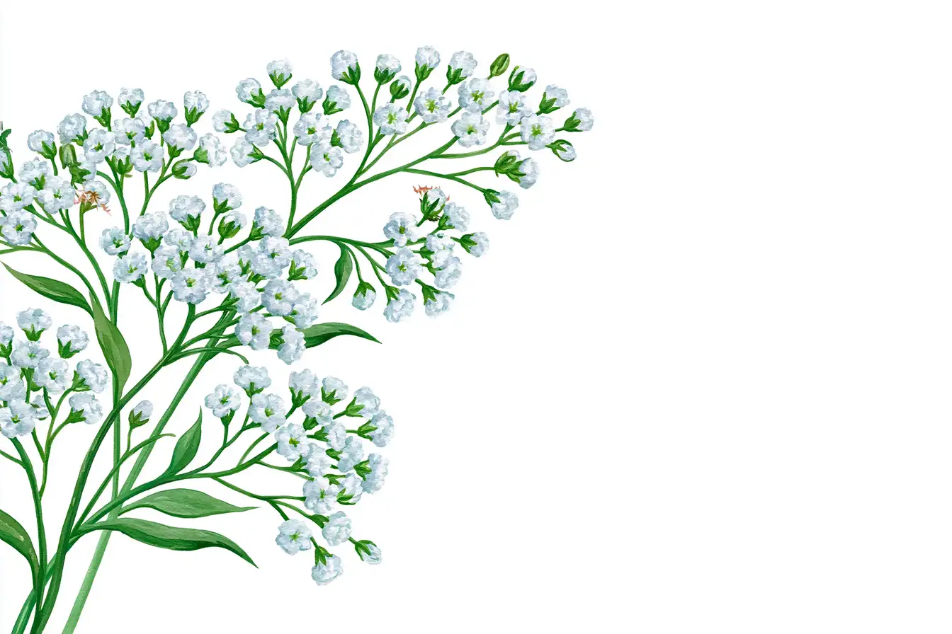 Illustration of white gypsophila flowers and green leaves on white background