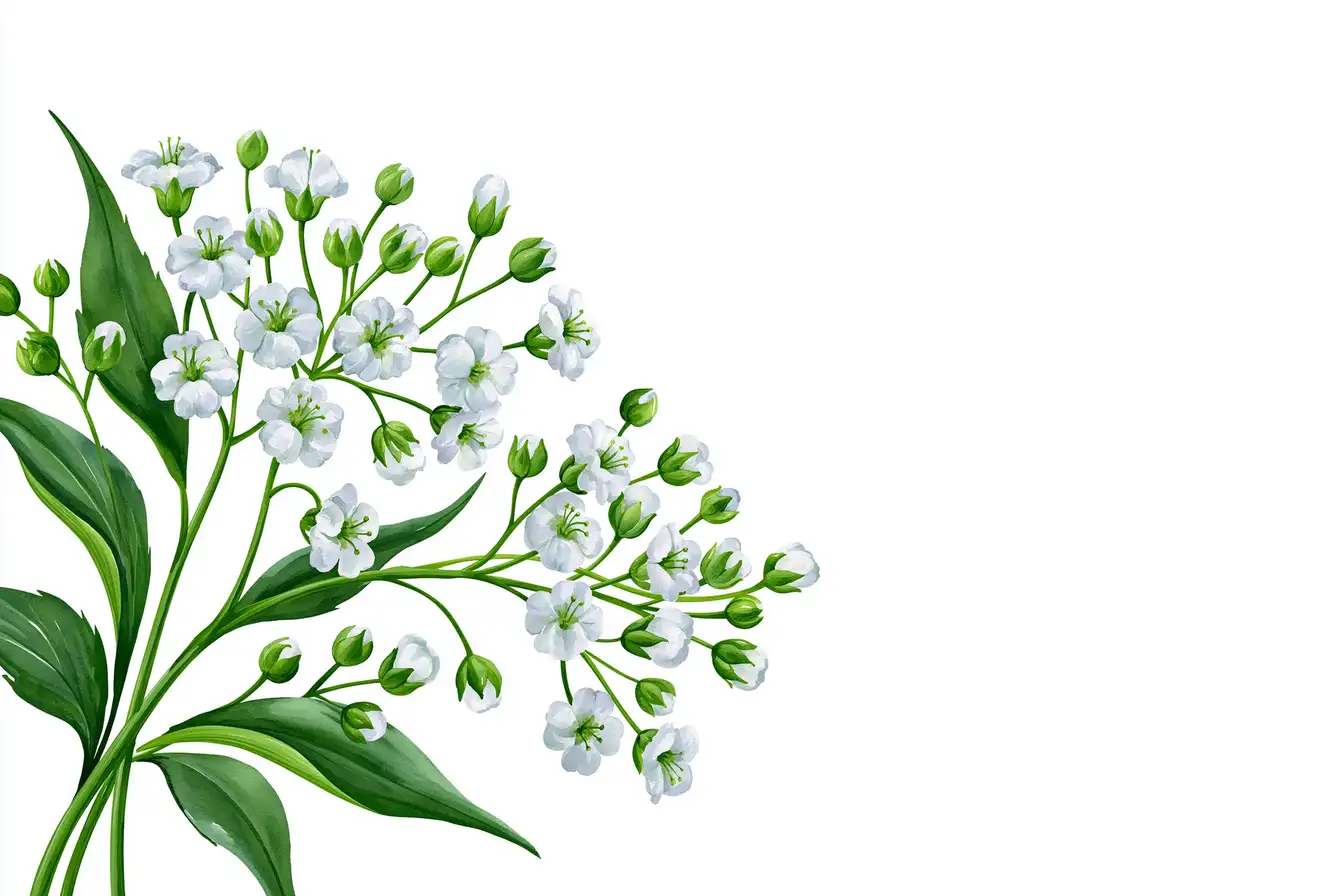 Illustration of white gypsophila flowers and green leaves on white background