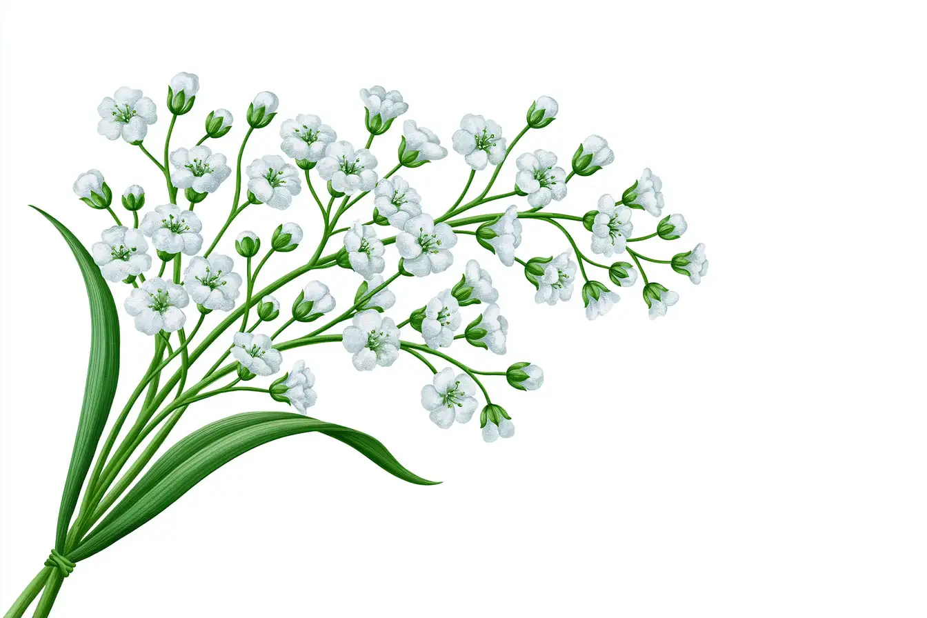 Illustration of white gypsophila flowers and green leaves on white background