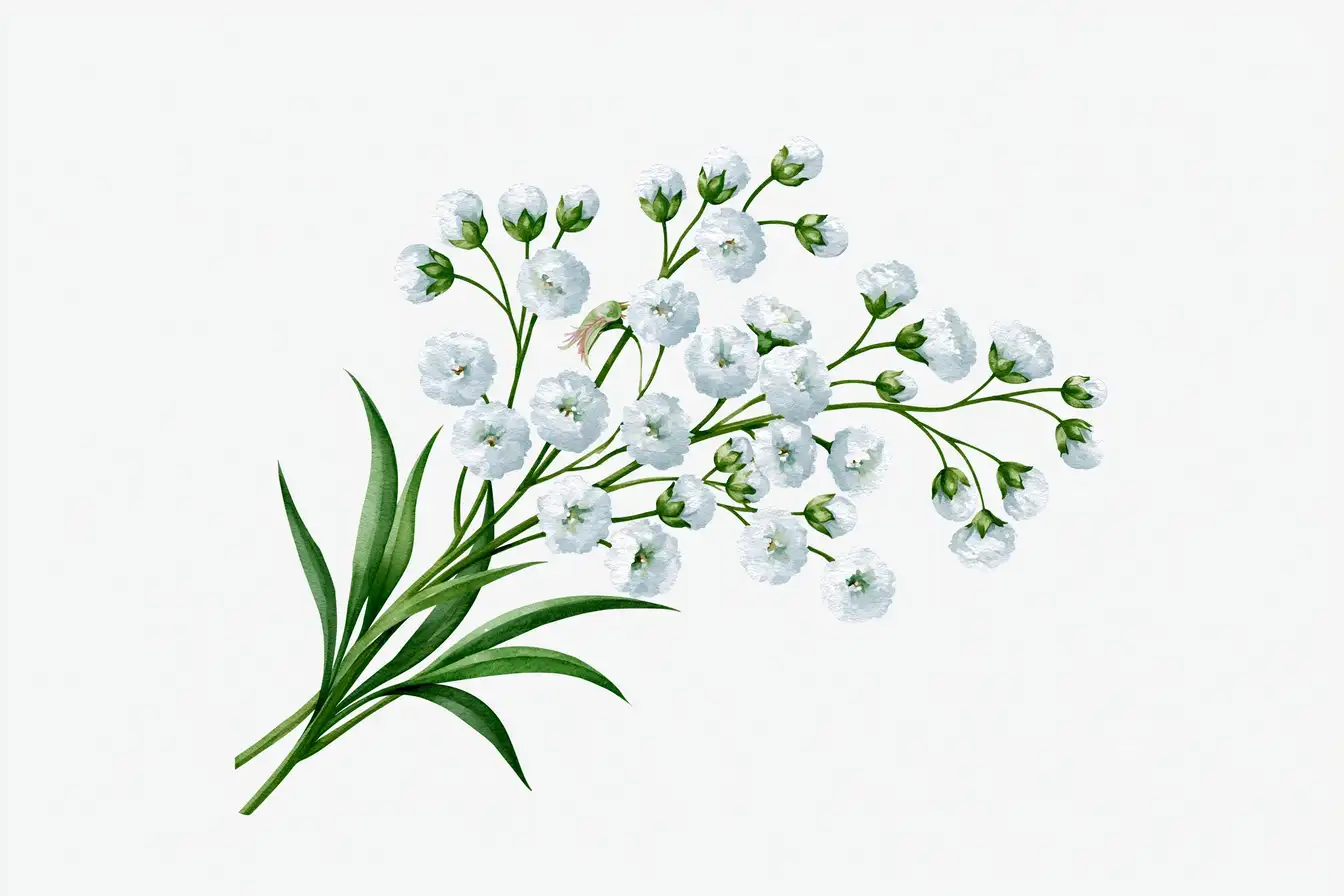 Illustration of white gypsophila flowers and green leaves on white background