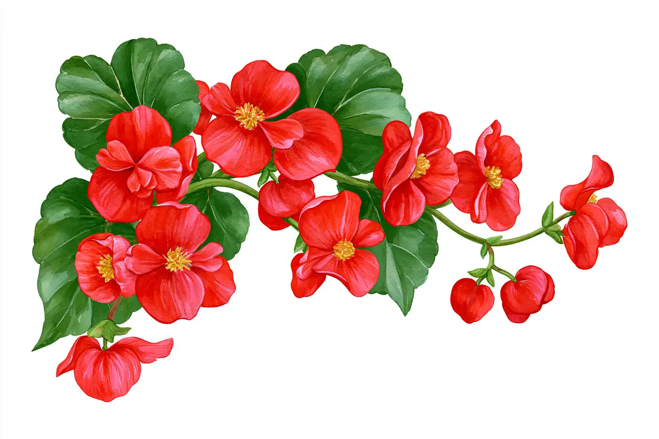 Watercolor Red Flowers and Green Leaves Arrangement Isolated on White