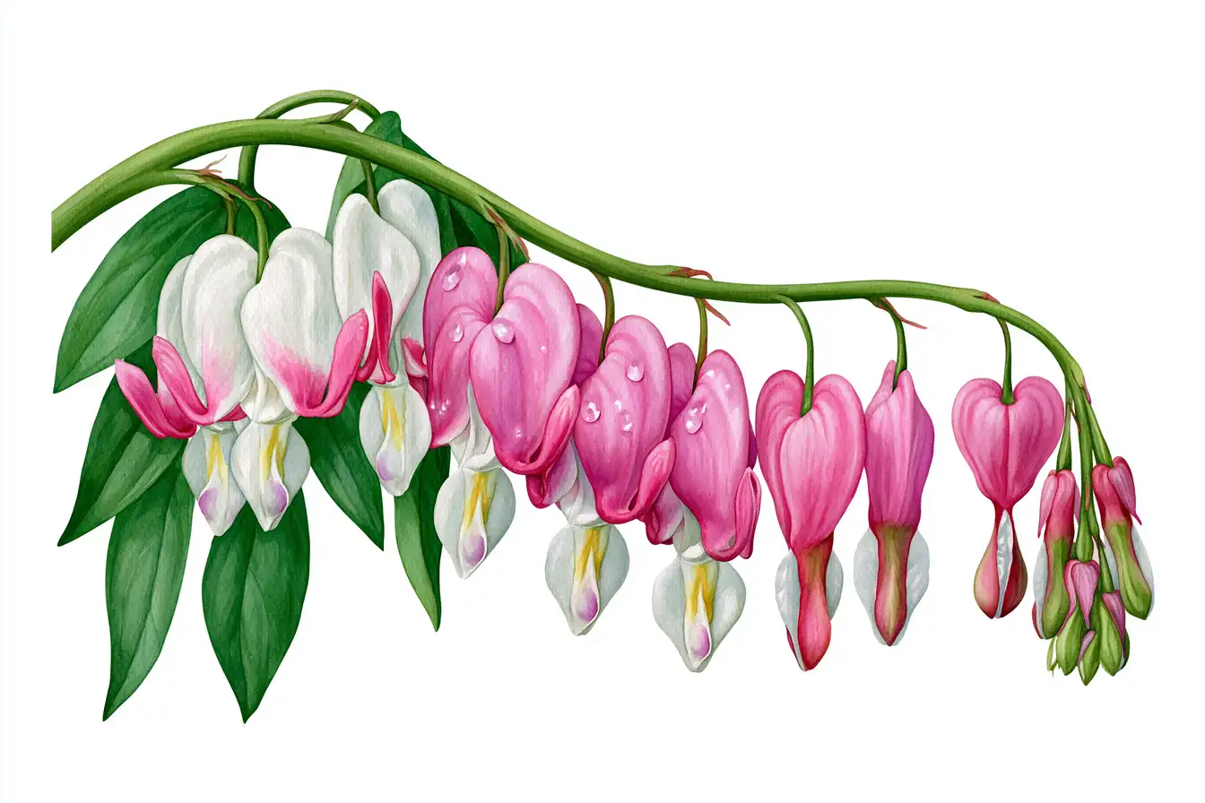 Bleeding heart flower stem illustration with green leaves