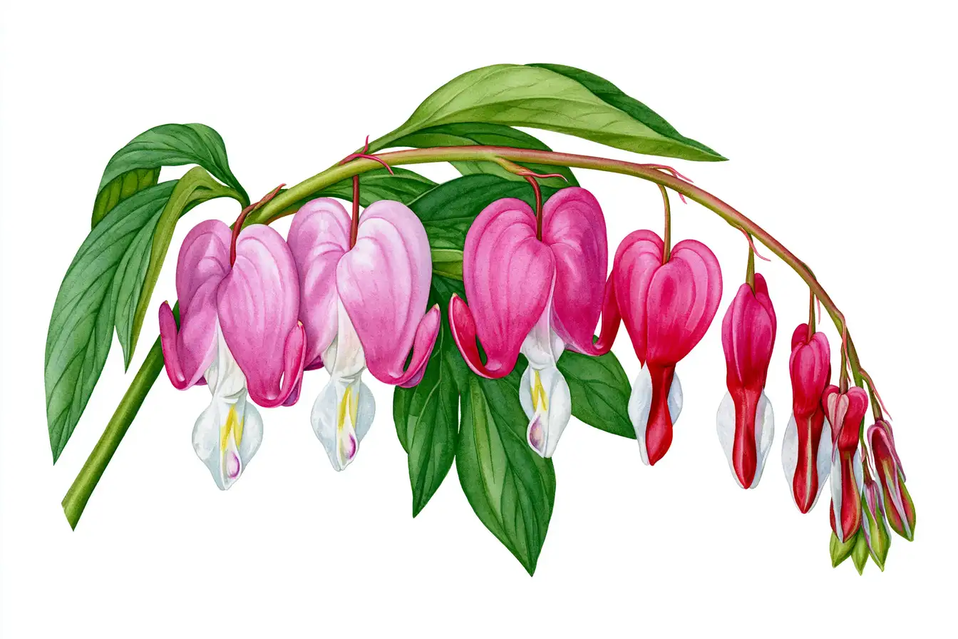 Bleeding heart flower stem illustration with green leaves