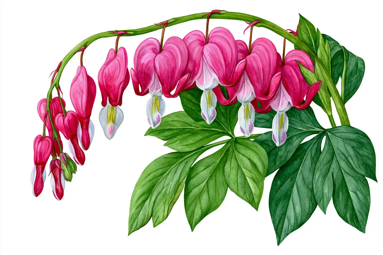 Bleeding heart flower stem illustration with green leaves