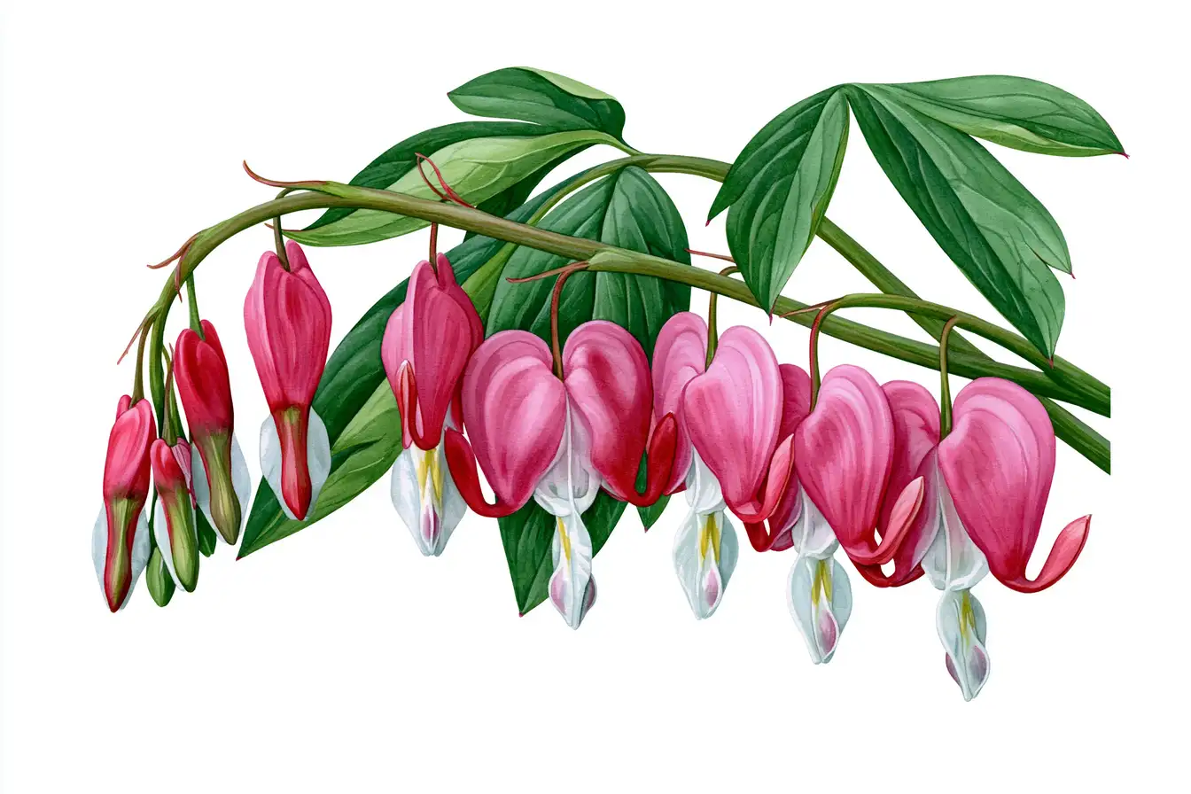 Bleeding heart flower stem illustration with green leaves