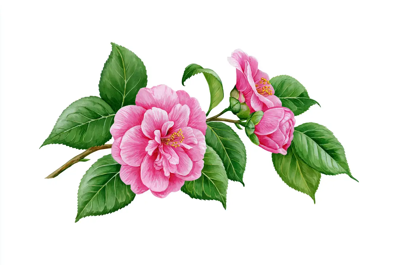 Watercolor pink camellia branch with flowers and leaves isolated on white