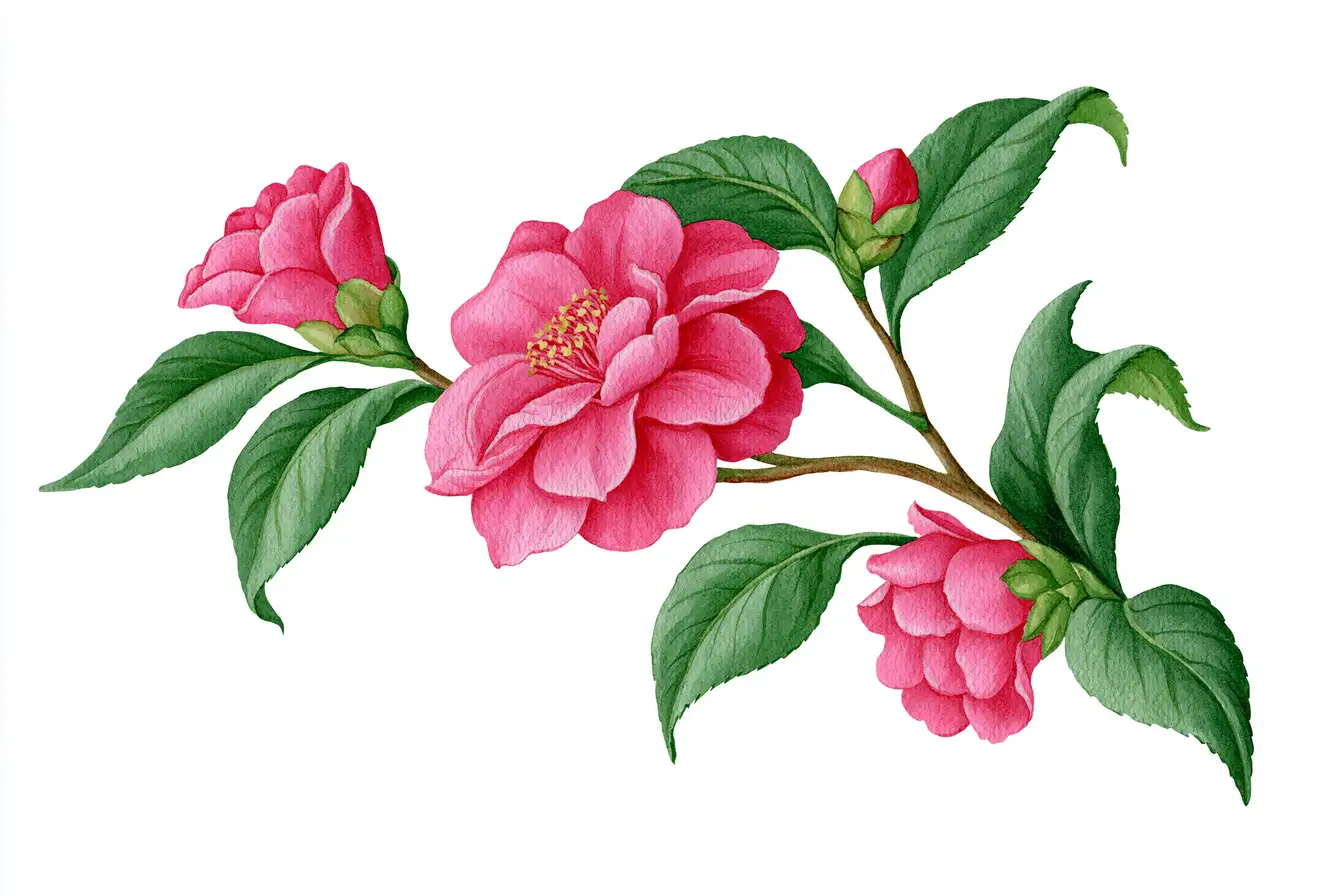 Watercolor pink camellia branch with flowers and leaves isolated on white