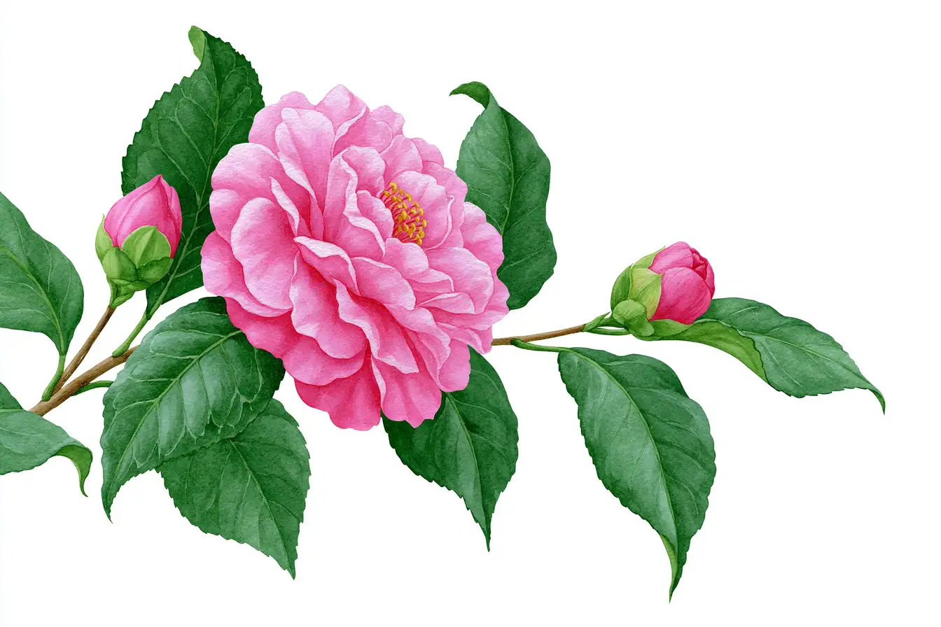 Watercolor pink camellia branch with flowers and leaves isolated on white