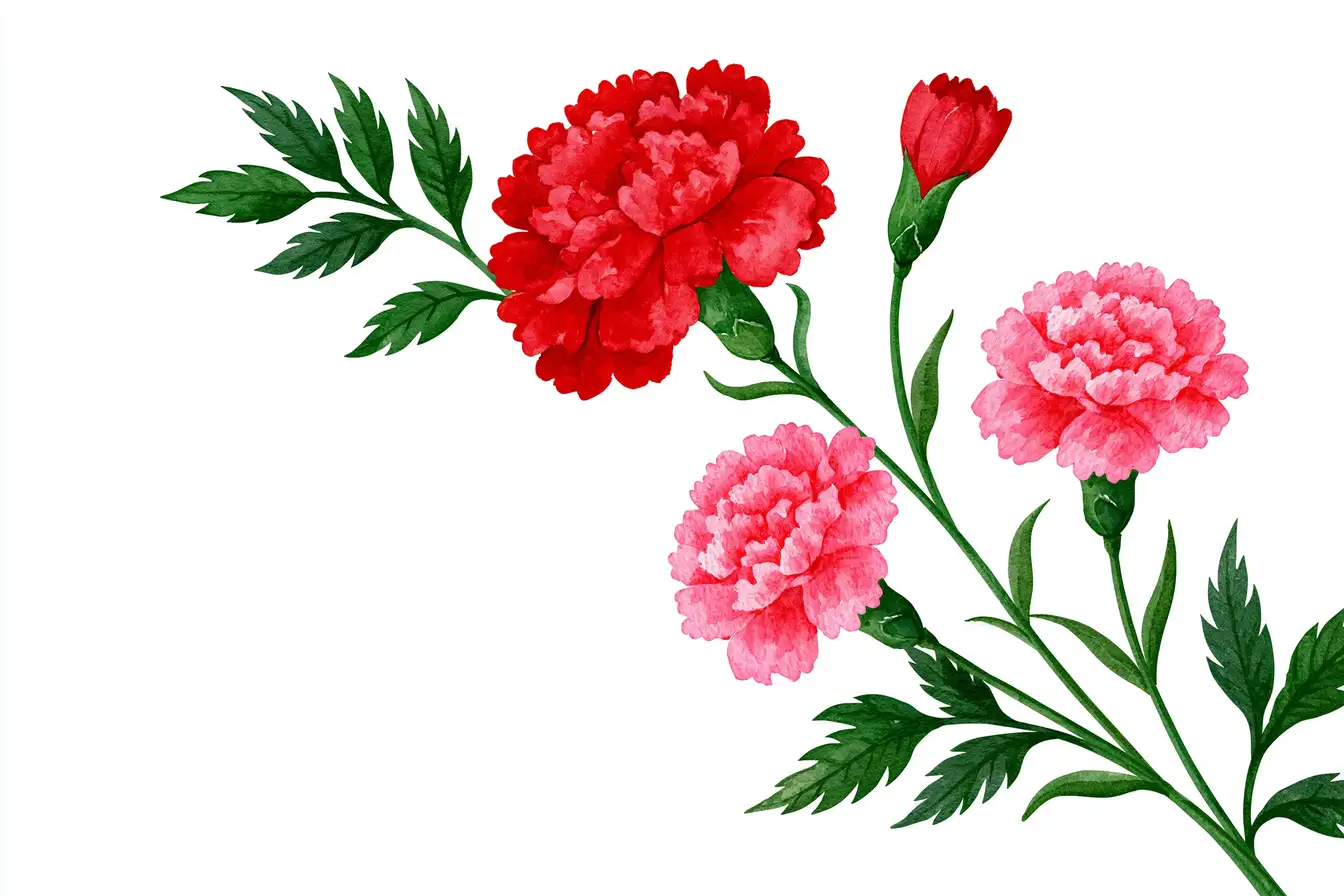 Red carnation flowers watercolor illustration on white background