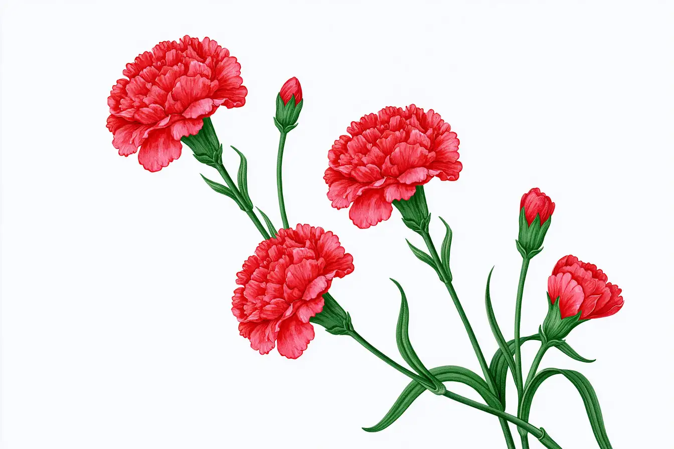 Red carnation flowers watercolor illustration on white background