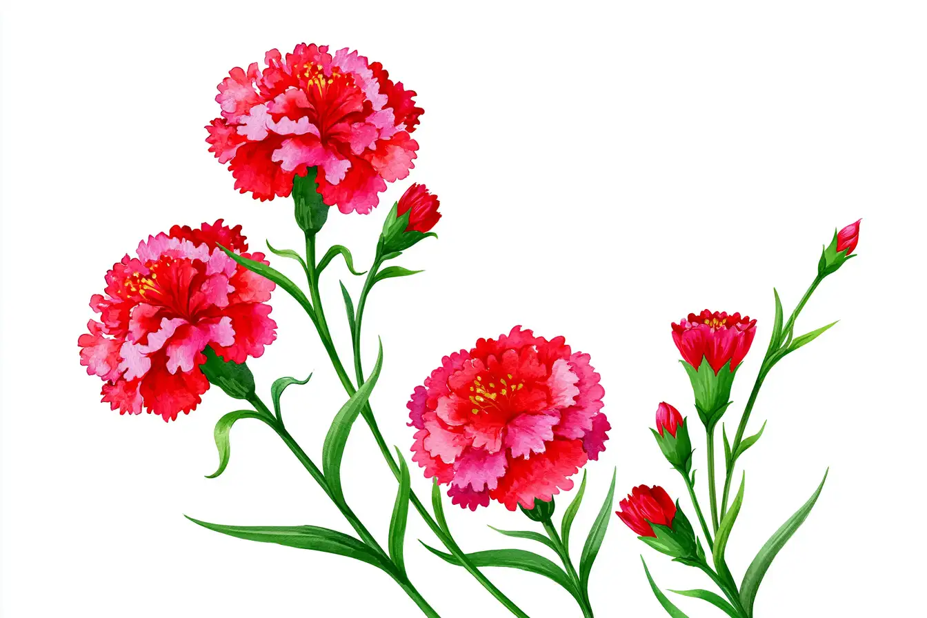 Red carnation flowers watercolor illustration on white background