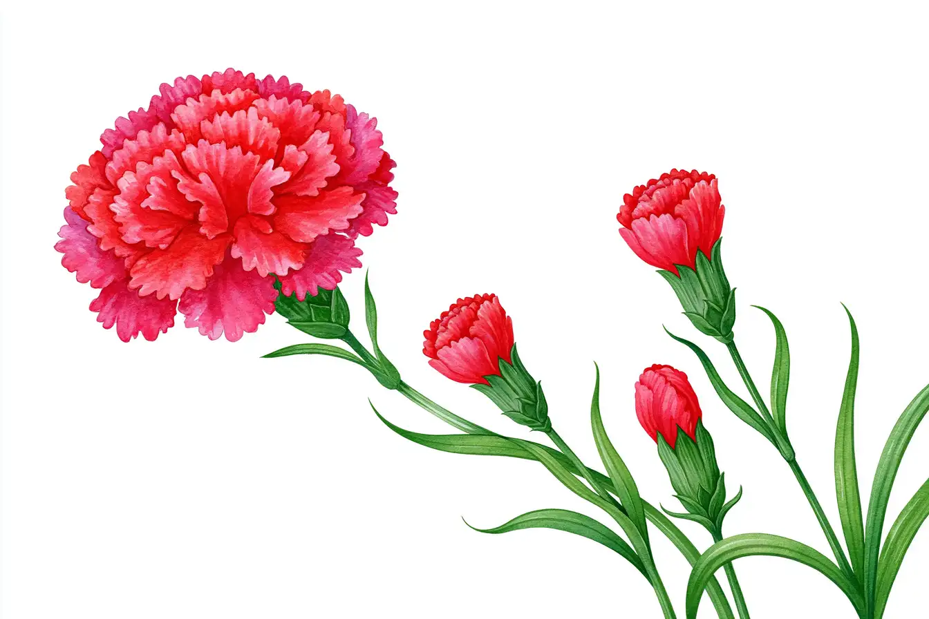 Red carnation flowers watercolor illustration on white background