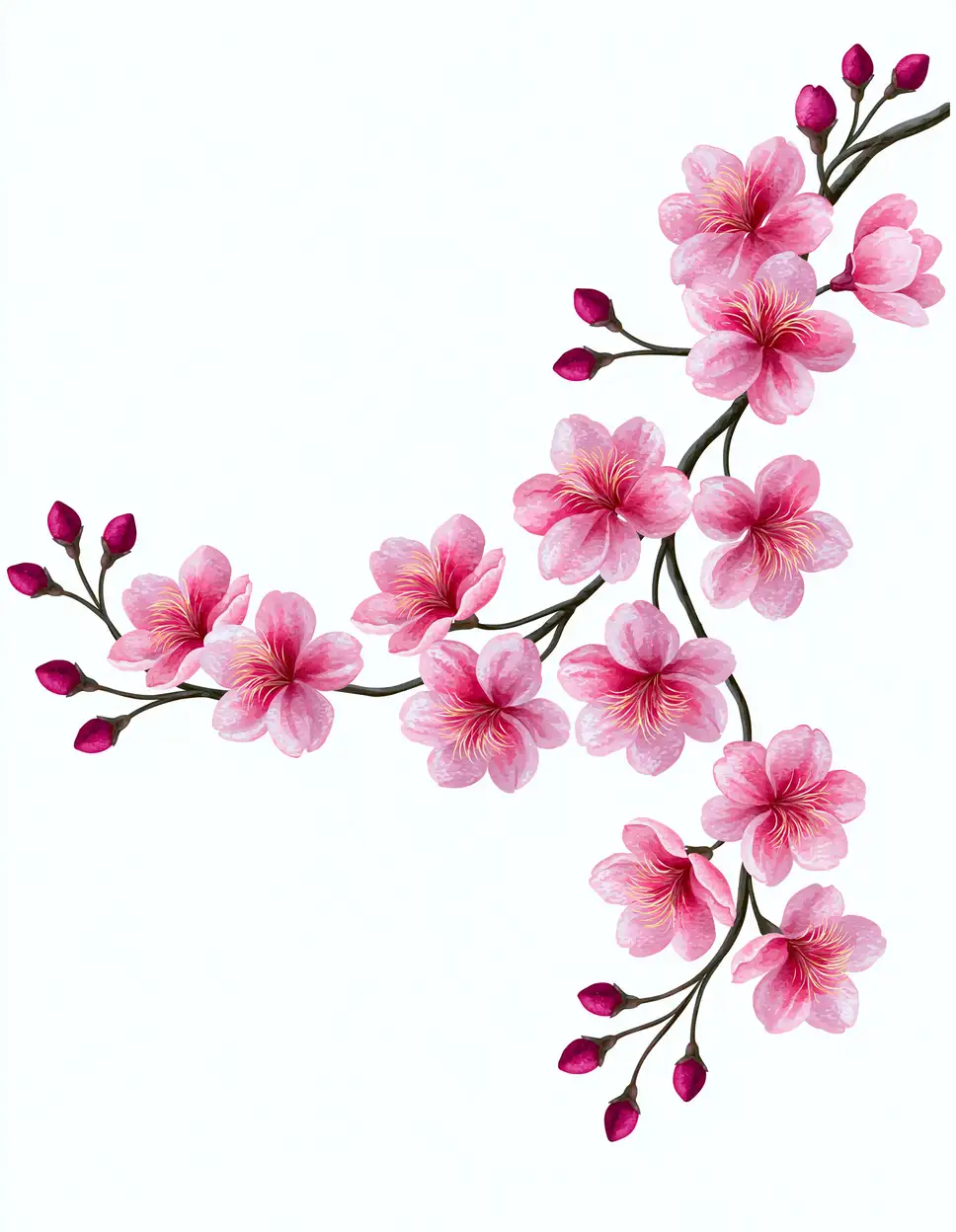 Pink cherry blossom branch vector illustration with flowers and buds on white background