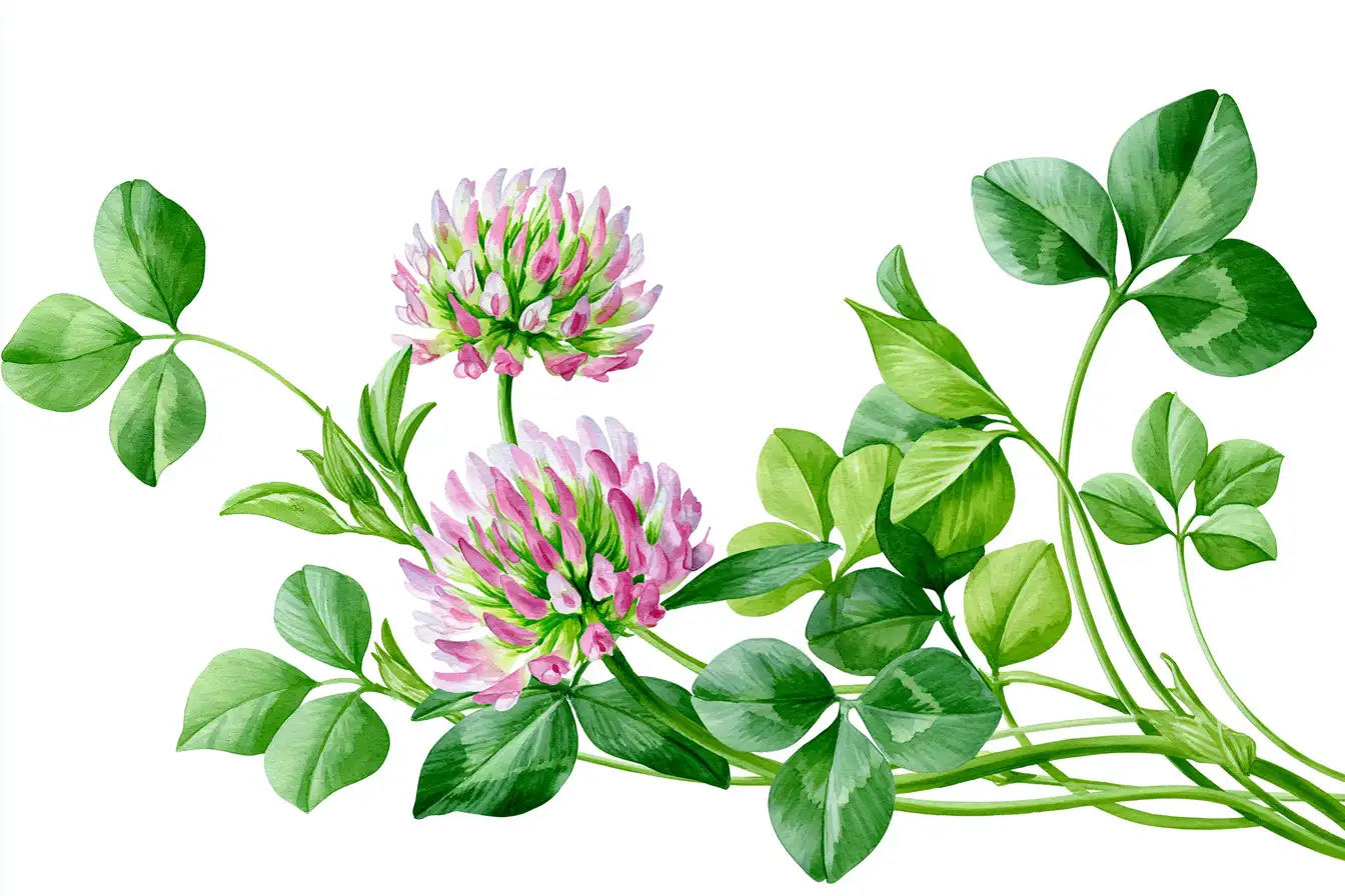 Watercolor red clover flowers and leaves arrangement isolated on white