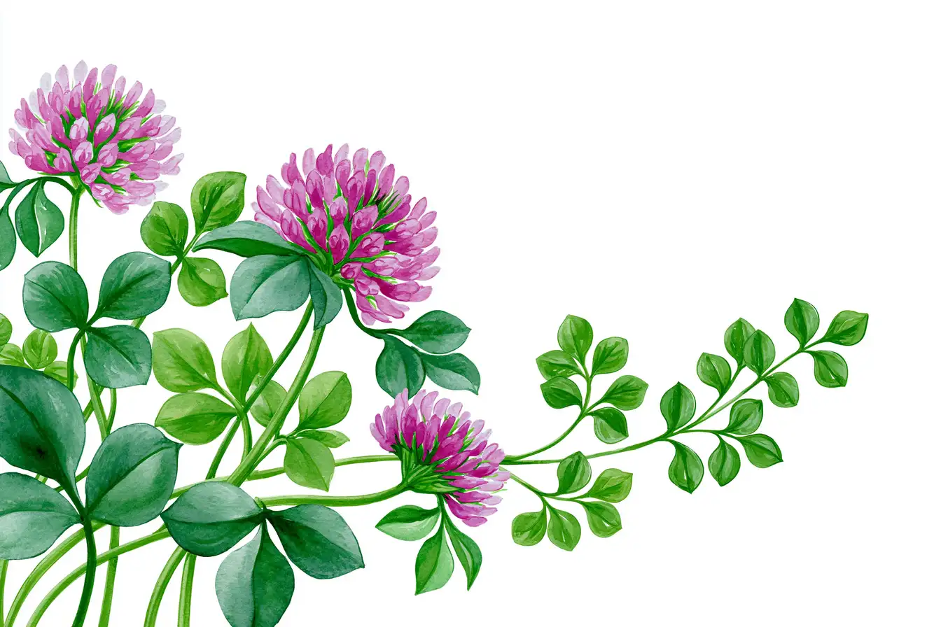 Watercolor red clover flowers and leaves arrangement isolated on white