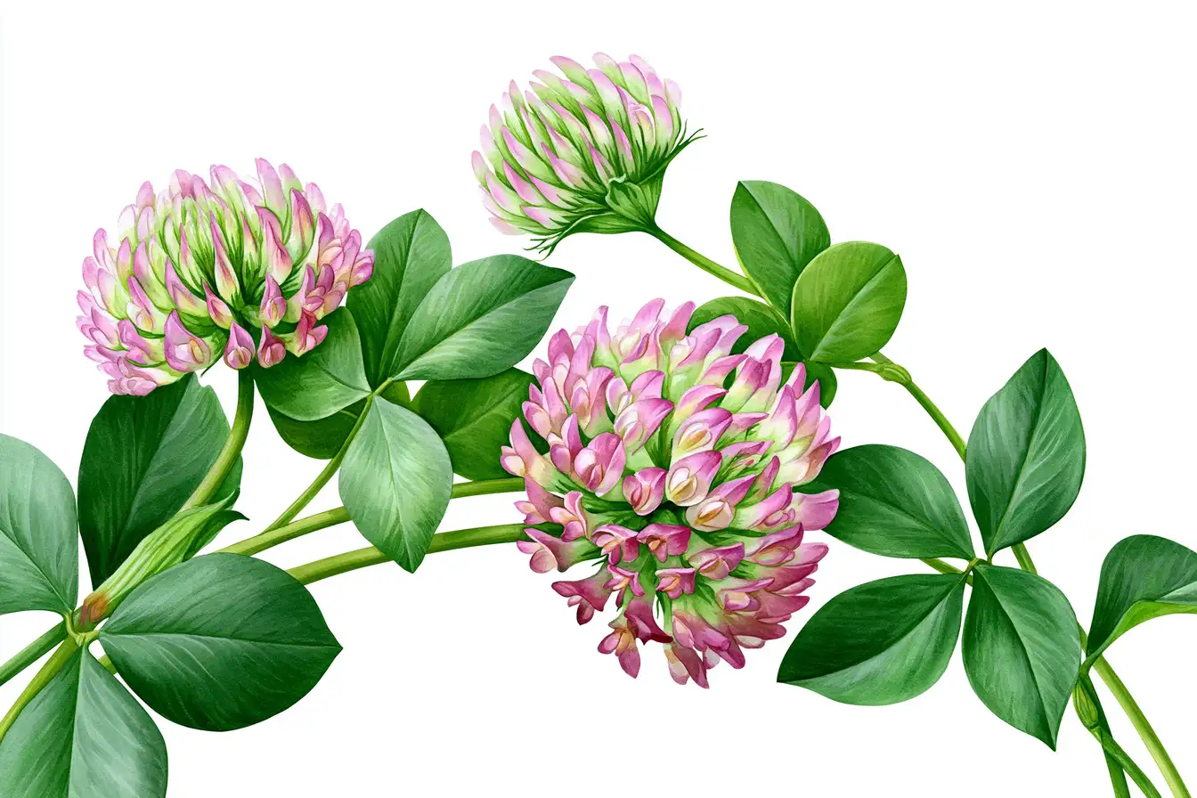 Watercolor red clover flowers and leaves arrangement isolated on white