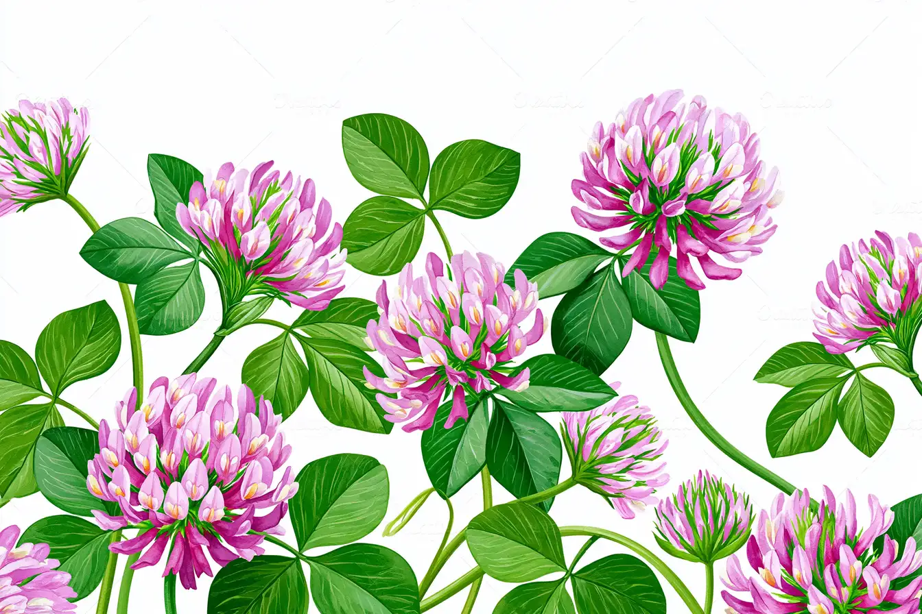 Watercolor red clover flowers and leaves arrangement isolated on white