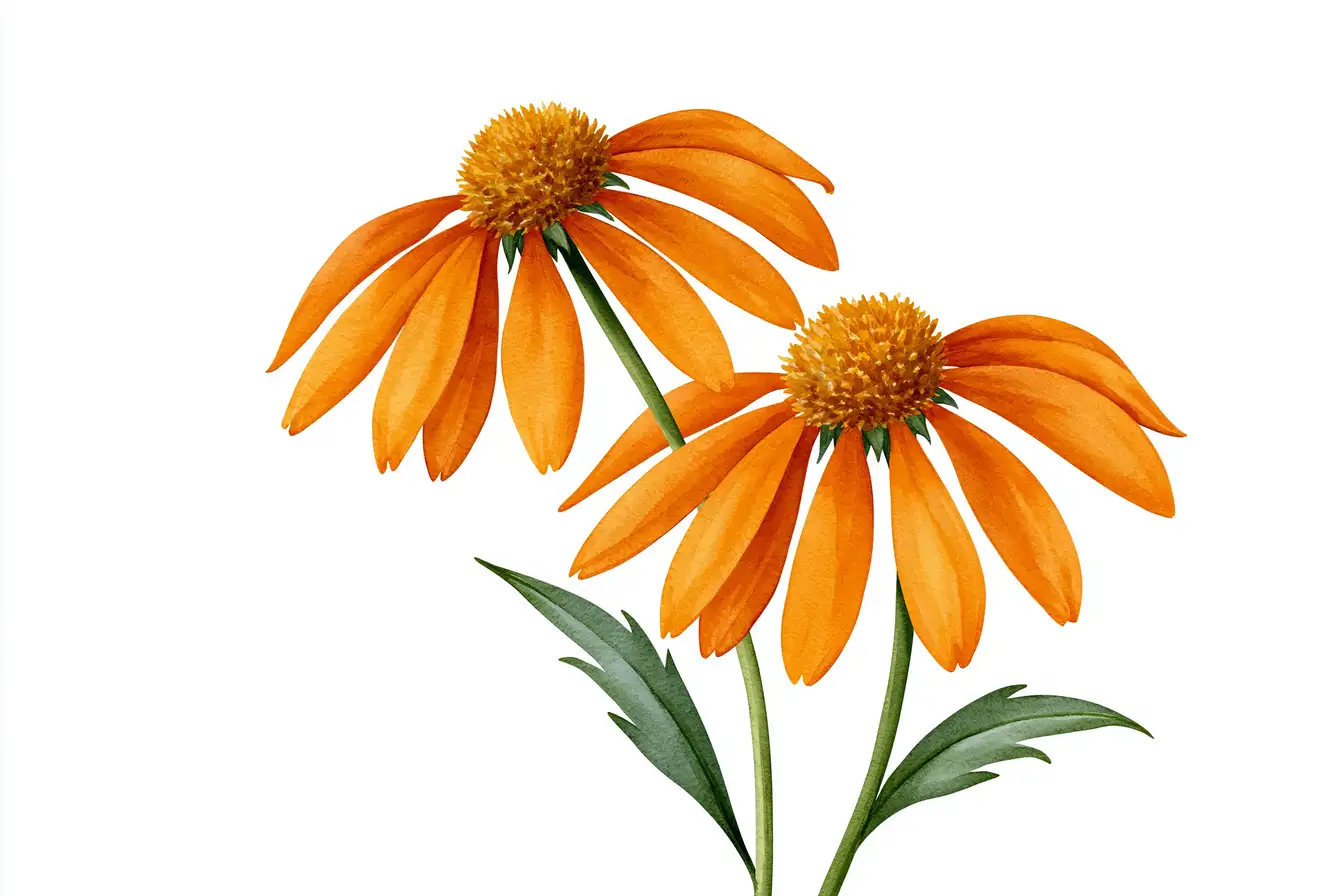 Watercolor illustration of orange echinacea flowers with green leaves