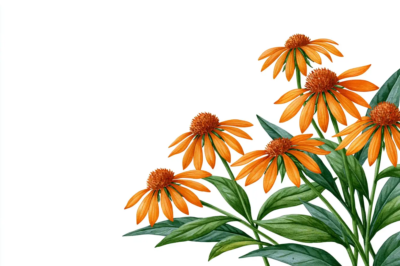 Watercolor illustration of orange echinacea flowers with green leaves