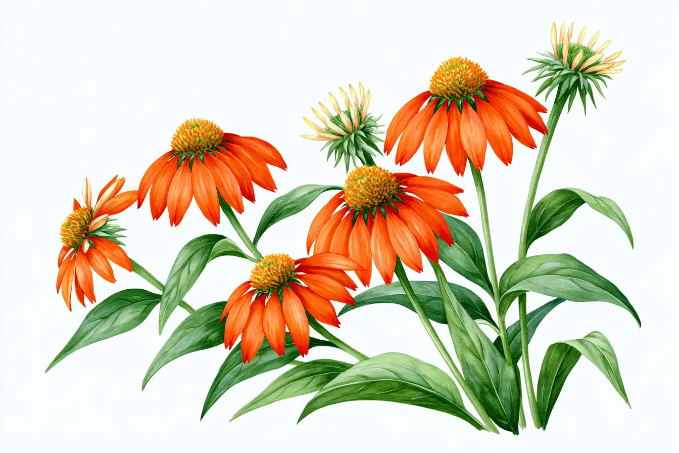 Watercolor illustration of orange echinacea flowers with green leaves