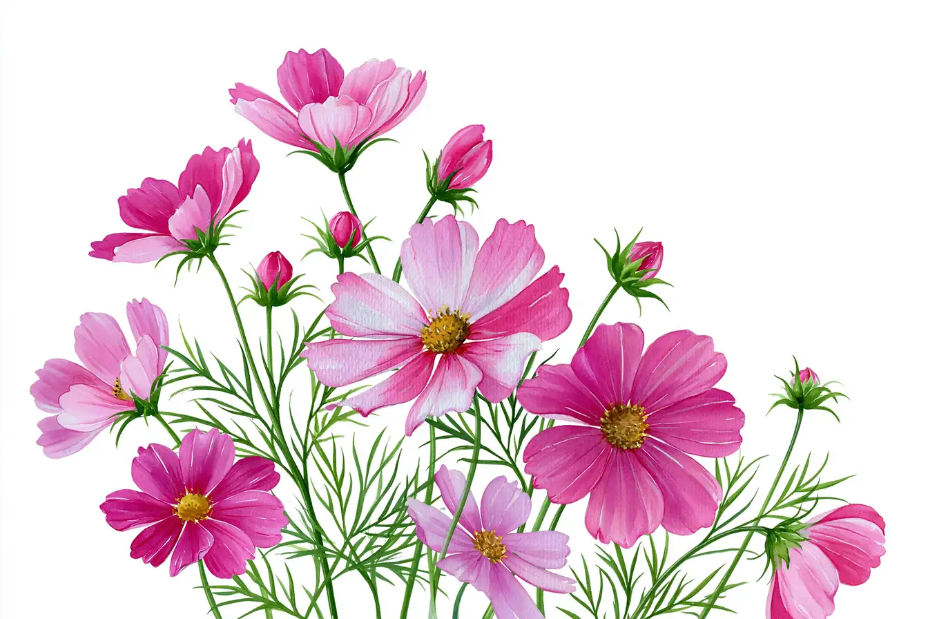 Watercolor pink cosmos flowers bouquet on white background